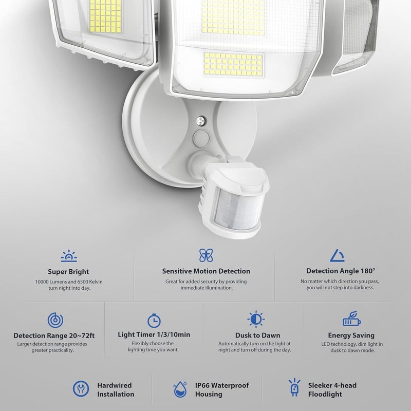 Onforu 90W 10000LM LED Motion Sensor Outdoor Lights, 4-Head Dusk to Dawn Outdoor Lighting, Hardwired Flood Lights, IP66 Waterproof 6500K Security Floodlight for Outside (White) - Image 3